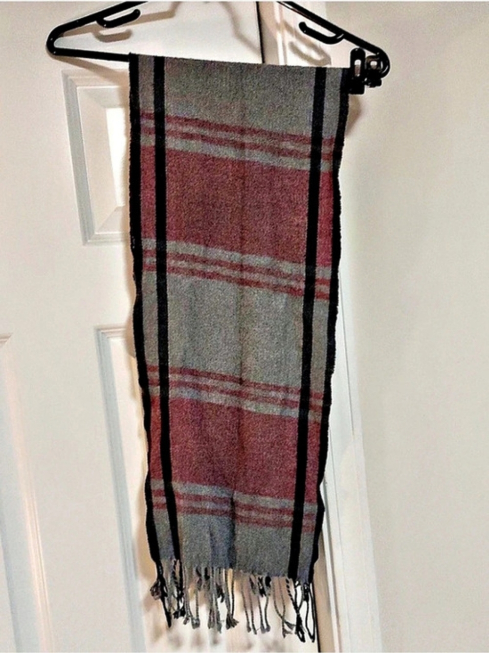 Plaid Stripe Scarf in Red & Gray